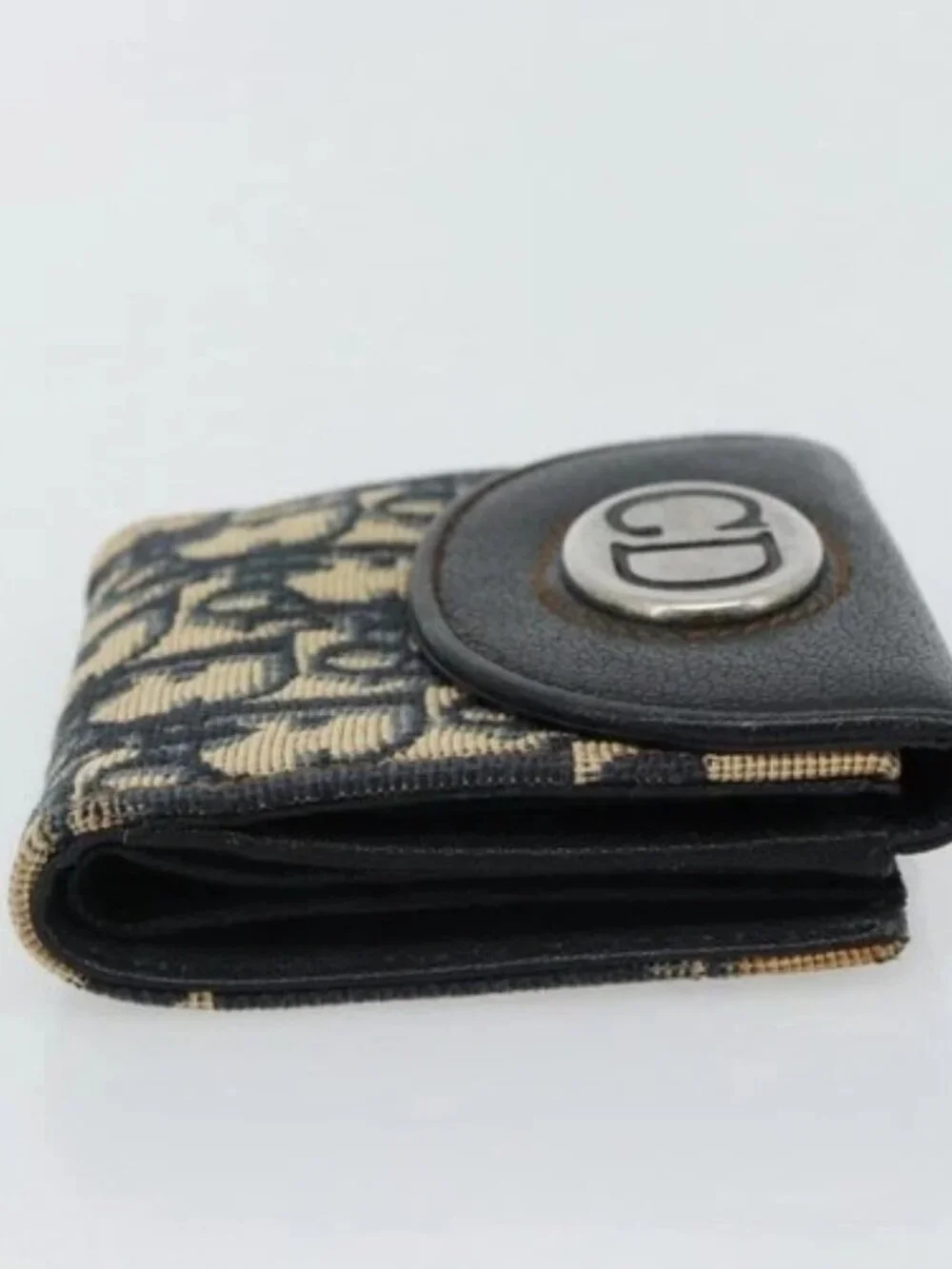 Christian Dior Trotter Canvas Compact Wallet Navy Silver Auth 181463A